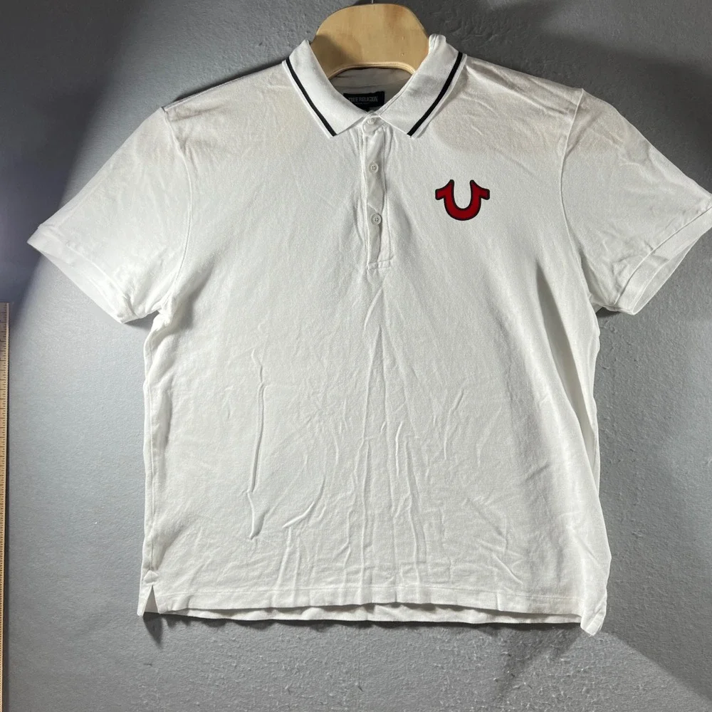 967 | True Religion Buddha Guitar Graphic Pique Polo Shirt White Mens XL